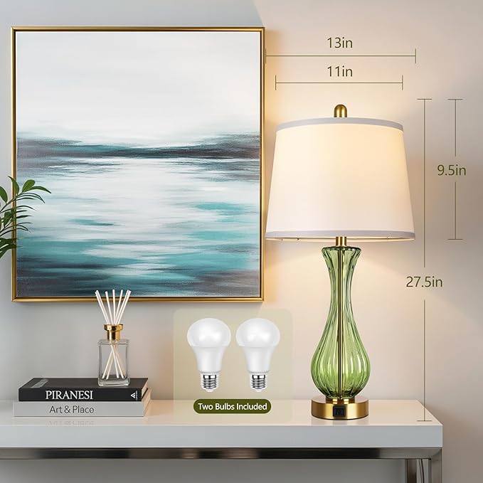 27.5" Coastal Glass Table Lamp Set of 2, 3-Way Dimmable Full Touch Control Beach Lamp with USB A+C Port, Green Glass Nautical Bedside Lamp with White Shade for Living Room Bedroom(LED Bulbs Included)