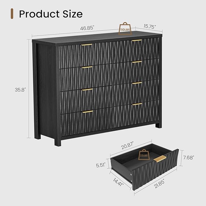 Dresser for Bedroom with 8 Drawers, 46.9" Wide Modern Chest of Drawers with Metal Handle, Wood Dresser TV Stand, Wood Storage Organizer for Bedroom, Living Room(Black)