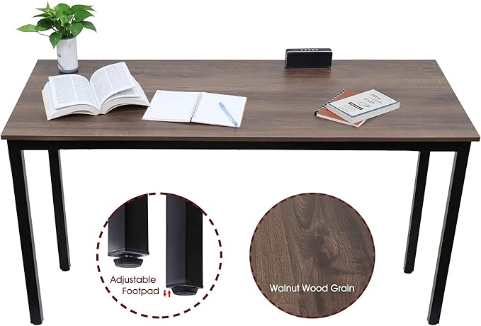 55 inch Large Computer Desk Wood, Modern Simple Style Desk for Home Office, Bedroom, Study Student Writing Desk, Small Spaces, Black Metal Frame, Walnut Top