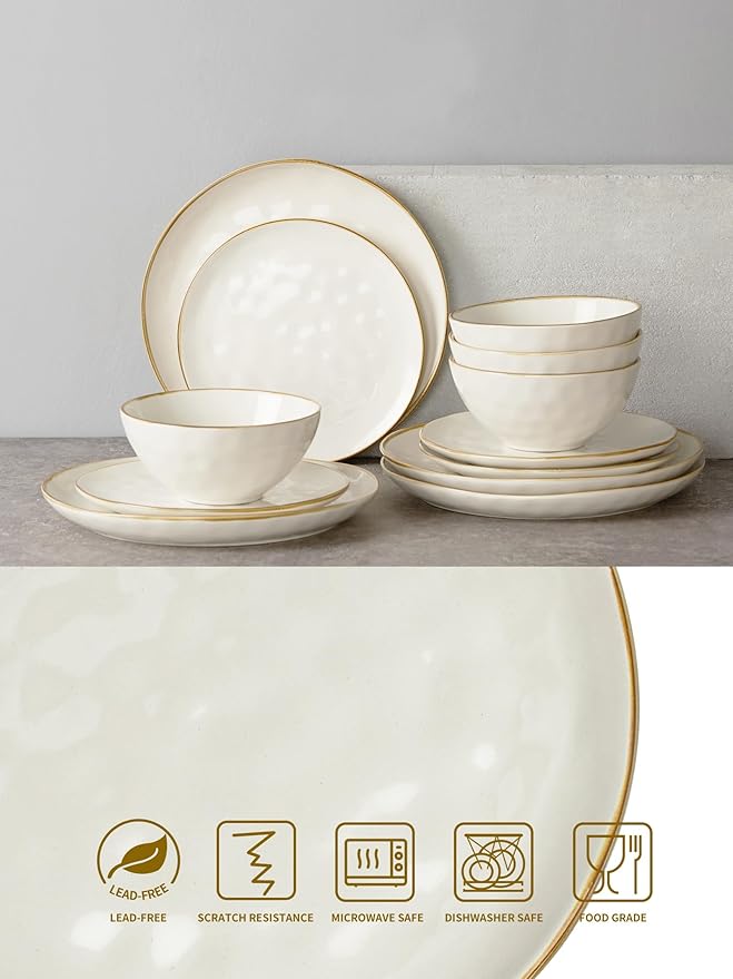 Famiware Ocean Round Plates and Bowls Set, 18 Pieces Dinnerware Sets, Dishes Set for 6, Microwave and Dishwasher Safe, Scratch Resistant, Vanilla White