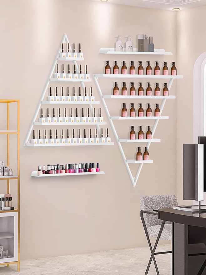 EBANKU 6PCS Nail Polish Racks 5 Tiers Nail Polish Shelf for Wall Triangular Display Rack Cosmetic Display Cases Lipstick Perfume Wall Shelf Essential Oil Organizers for Home Spa Nail Salon Shop(White)
