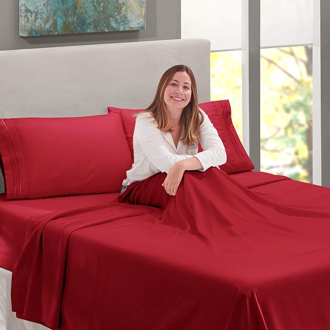 Nestl Short Queen Sheet Set - 1800 Ultra-Soft Microfiber - Double Brushed - Deep Pockets - Easy Fit - 4 Piece Set - Bed Sheets (Short Queen, Burgundy Red)