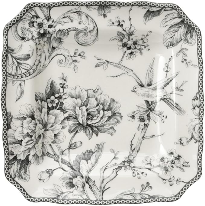 222 Fifth Adelaide 16-Piece Square Floral Dinnerware Set – Service for 4, Grey & White Porcelain Plates & Bowls, for Everyday Dining & Entertainment, Microwave & Dishwasher Safe, Chip Resistant