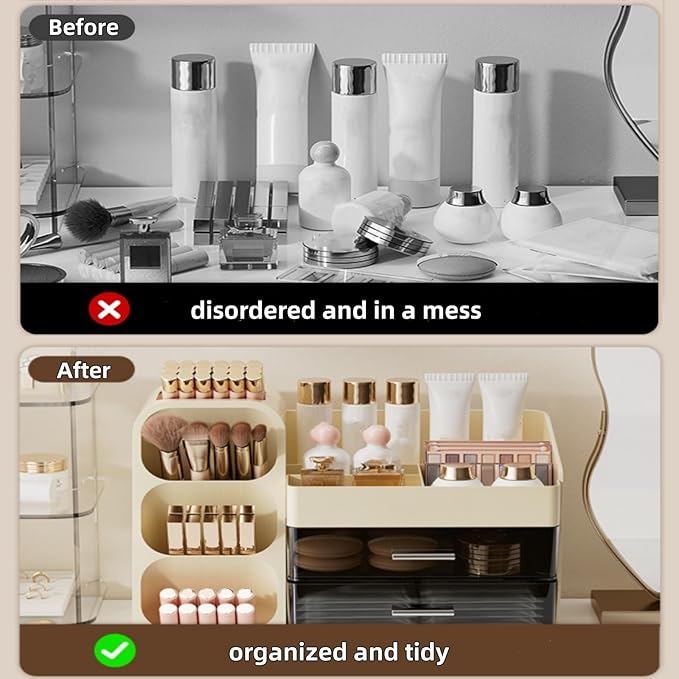 Makeup Organizer with Drawers, Large Capacity Cosmetics Display Case for Vanity, Countertop Storage Organizer for Office Bathroom, Beauty and Skincare Holder for Lipstick Brush Eyeshadow