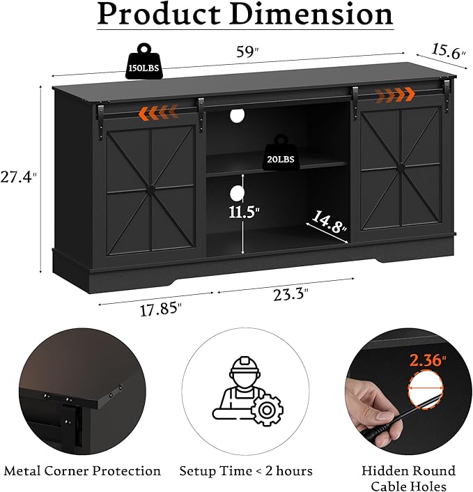 Farmhouse TV Stand for 55 60 65 Inch TV, Mid Century Modern TV Cabinet with Storage and Sliding Barn Doors, Easy Assembly, Entertainment Center Console Table for Bedroom Living Room-Black