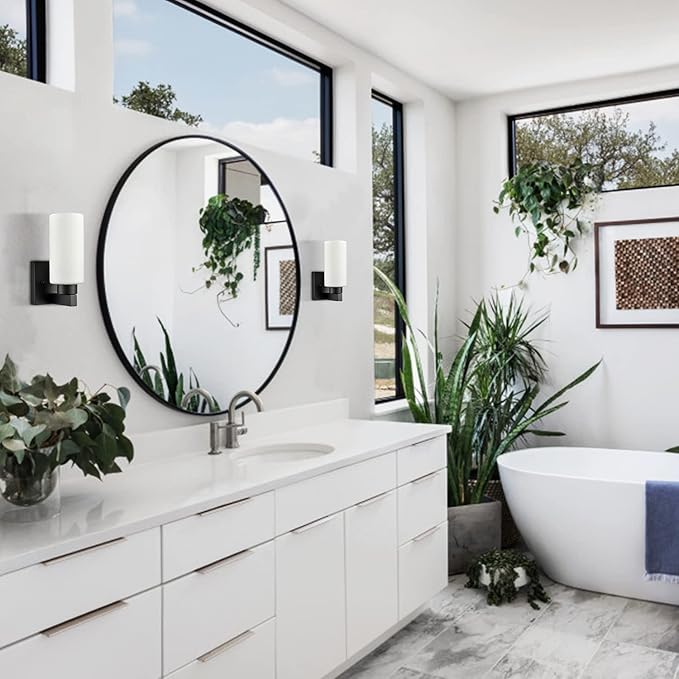 Bathroom Sconces Modern Black Wall Light Fixture Vanity Light Set of Two with Milky White Cylinder Glass Shade