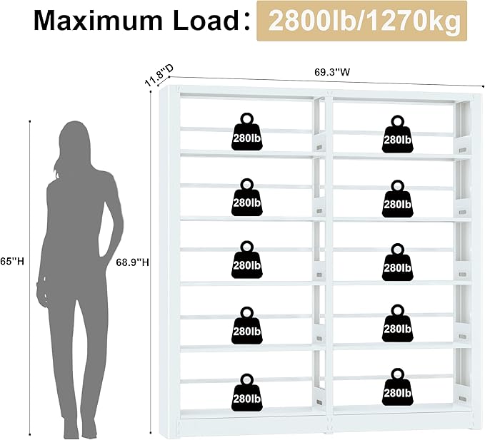 Heavy Duty 5-Tier Metal Bookshelf, Industrial Wide Book Shelf with Adjustable Shelves, 280lbs Shelf Capacity, Large Office Bookcase, Display Book Organizer for Living Room Bedroom Library -2Pcs, White