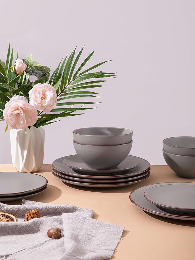 Famiware Venus Plates and Bowls Sets, 12 Pieces Stoneware Speckled Dinnerware Sets, Dishes Set for 4, Microwave and Dishwasher Safe, Matte Dark Grey