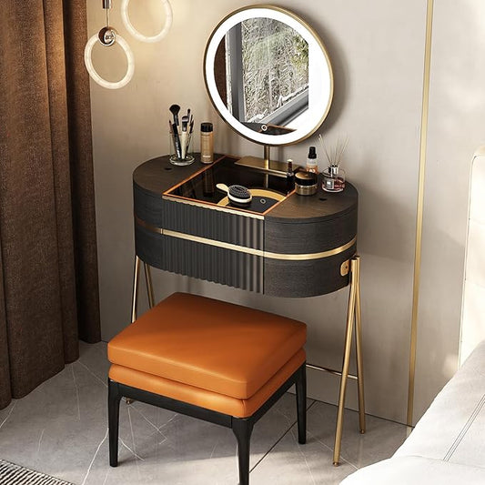 Makeup Vanity with Mirror and Lights - with LED Mirror,Glass Top for Bedroom,Stainless Steel Foot，White Wax Wood Stool