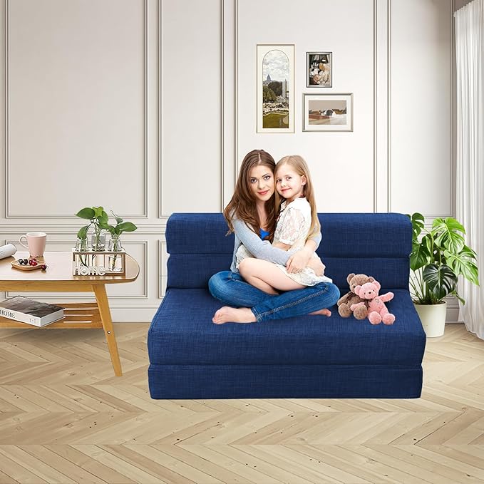 60 Inch Folding Sofa Couch Memory Foam with Pillow Convertible Sleeper Mattress Futon Lazy for Living Room，Washable Cover，Queen Size，Dark Blue