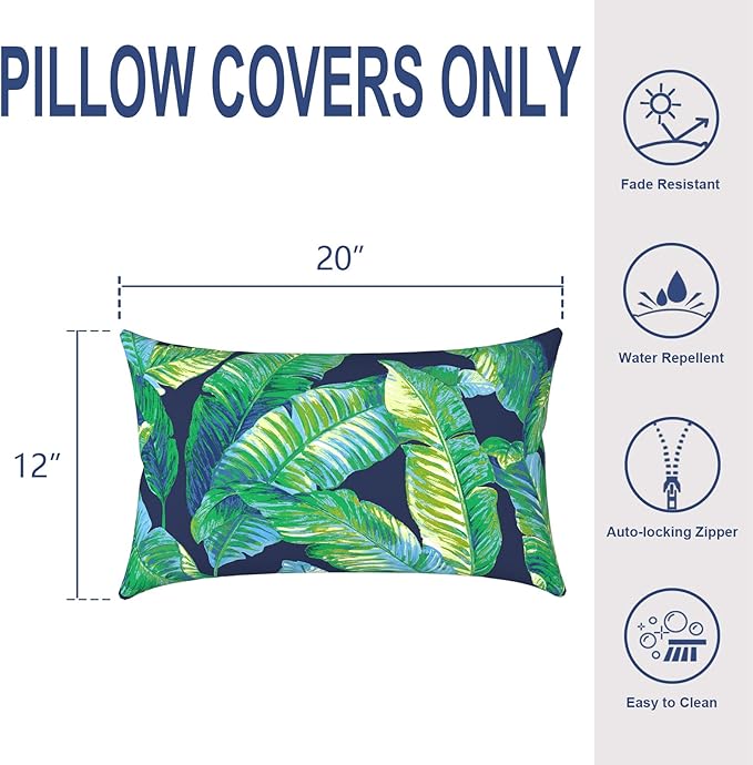 Pack of 2 Outdoor Lumbar Pillow Covers, All Weather Cushion Pillow Cases 12x20 Inch, Pillowcase for Patio Couch Decoration, Hanalei Lagoon