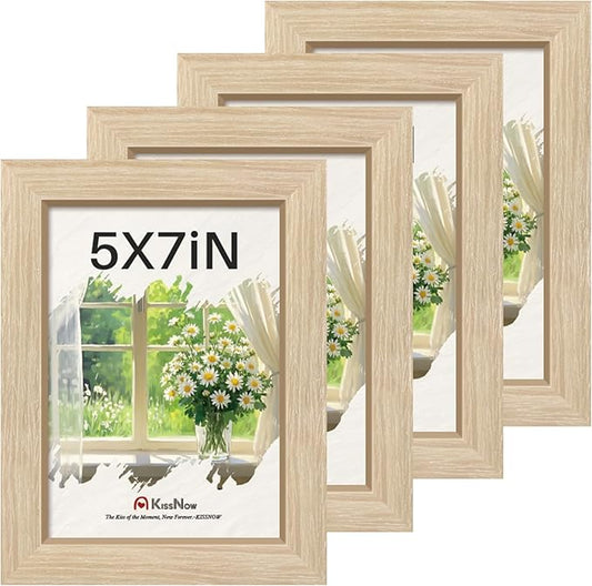 5x7 Picture Frame 4 Pack, Natural Oak Wood Gallery Photo Frame, Wall Hanging or Tabletop Display