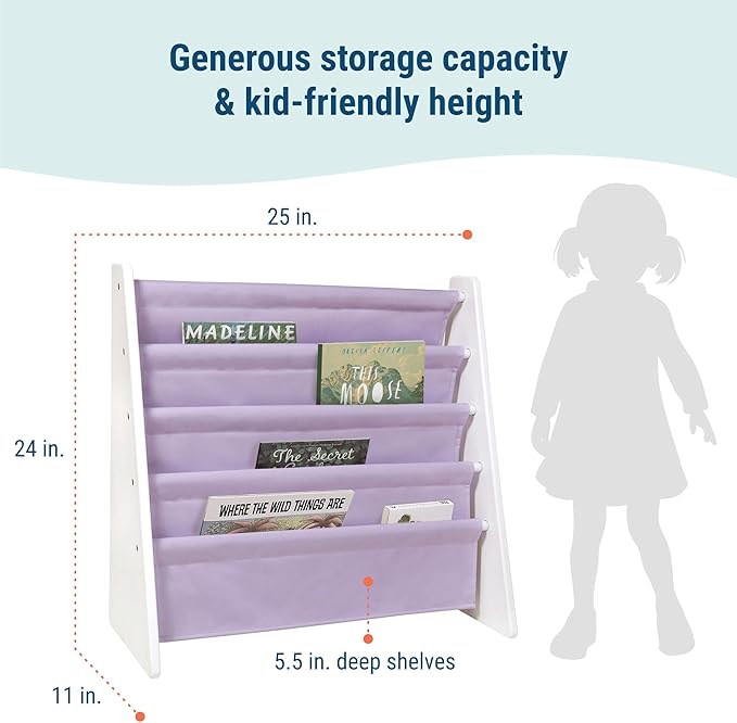 Wildkin Wooden Sling Bookshelf for Kids – Premium Canvas Design with 4 Fabric Shelves, Organizer for Home or Classroom - White w/Lilac