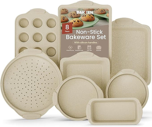 Deluxe 8-Piece Carbon Steel Bakeware Set - Nonstick White Marble Coating, Silicone Handles - Professional Quality Kitchen Oven Baking Pans