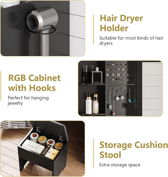 Vanity Desk with Mirror and Lights, Makeup Vanity Table Set with 5 Storage Drawers, Power Outlet & Chair, Small Dressing Table with RGB Ambient Light, Adjustable Brightness for Girls Bedroom, Black