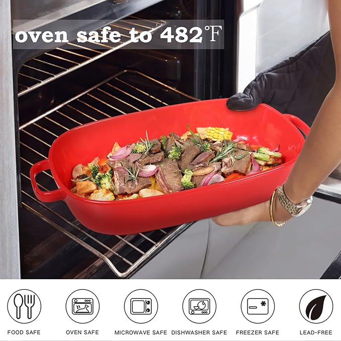 6 Quart Large Rectangular Baking Dish, 16x11 Inches Ceramic Baking Pan Casserole Dish for Cooking,Kitchen and Daily Use, Safe for Oven Microwave Refrigerator Disinfection Cabinet and Dishwasher,Red
