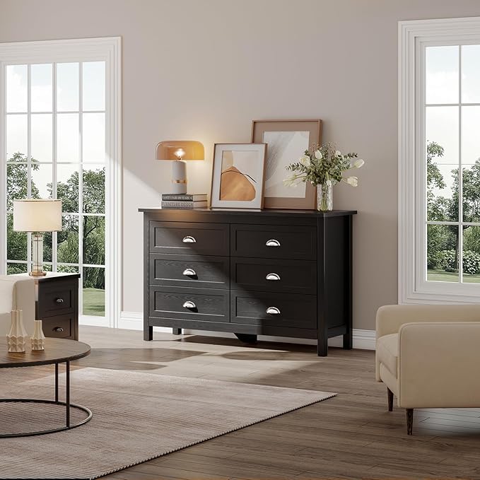 6 Drawer Dresser, Farmhouse Dresser for Bedroom, Antique Black Chest of Drawers, Modern Double Dressers for Bedroom, Closet