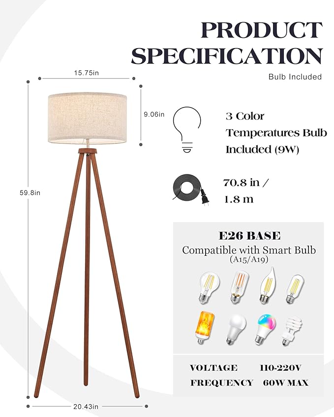 ELYONA Wood Tripod Floor Lamps for Bedroom, Vintage Standing Light 3 Color Temperatures LED Bulb Included & Beige Linen Shade, Tall Floor Lamp for Living Room Office Study Room, Brown & Nickel Metal