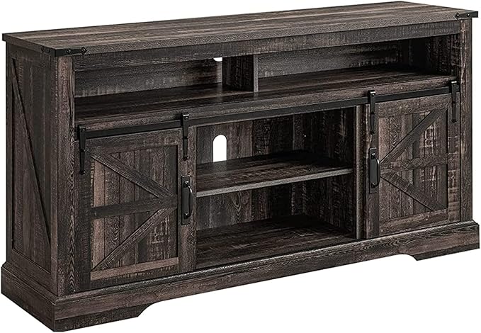 OKD Farmhouse TV Stand for 65+ Inch TV, 33" Tall Highboy Entertainment Center w/Sliding Barn Door, Rustic Media Console w/Storage Shelves, Wood Television Stand for Living Room, Dark Rustic Oak
