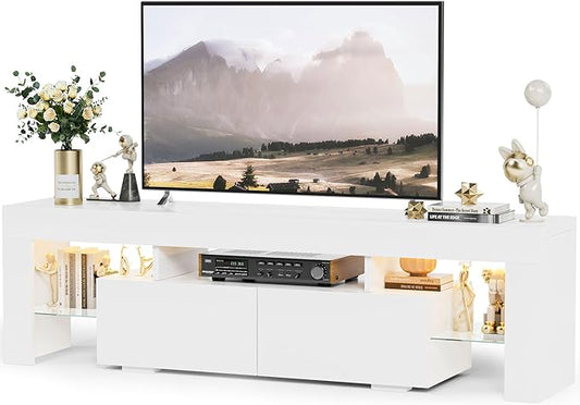 YESHOMY Modern LED TV Stand for Televisions up to 70 Inch with Glass Shelves and Drawer, Gaming Entertainment Center with Multiple Dynamic RGB Modes, for Livingroom, Bedroom, 60 Inch, White