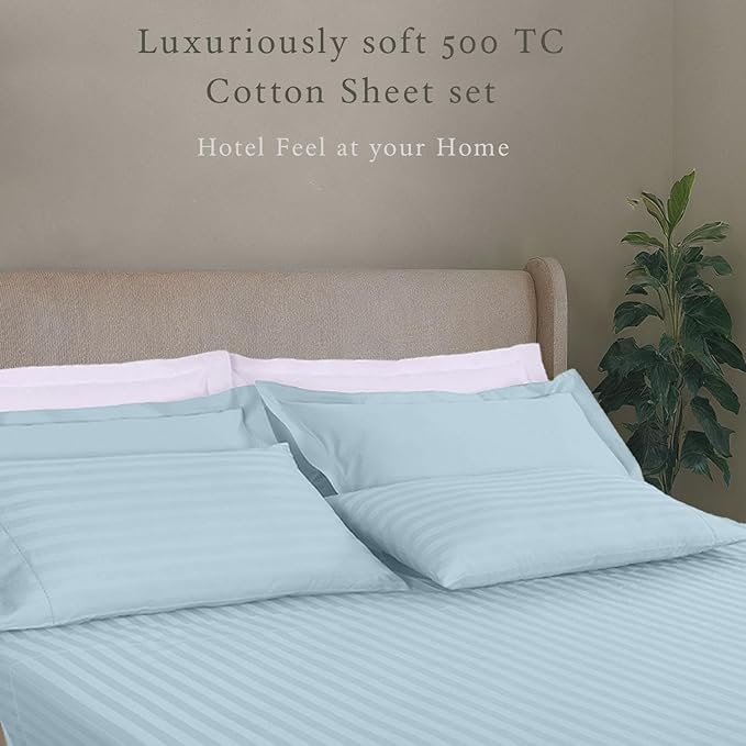 Threadmill 500 Thread Count Full Size Damask Stripe, 4 Pc Luxury Cotton Sheet Set, Breathable Light Blue Sheets with 16" Elasticized Deep Pocket, 2 Pillowcases & Free Tote Bag