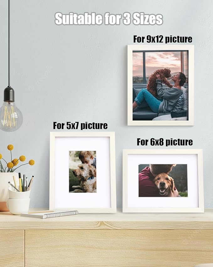Egofine 9x12 Picture Frame Made of Solid Wood with Plexiglass, Display Pictures 5x7/6x8 with Mat or 9x12 Without Mat for Tabletop and Wall Mounting, Beige