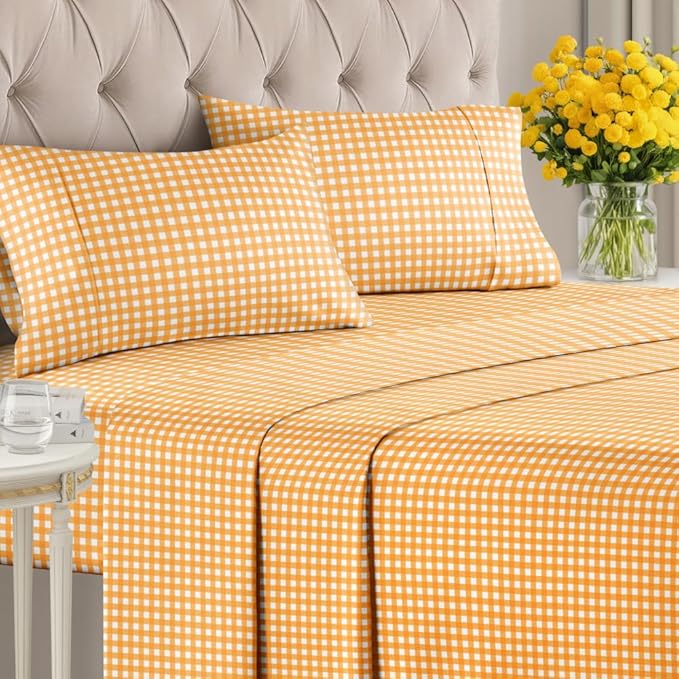 Yellow Gingham Sheets - 1 Flat & 1 Fitted Sheet & 2 Pillowcases w/ Deep Pockets - Grid, Plaid, Checkered Pattern Bed Set - Comfy, Wrinkle & Fade Resistant - Ultra-Soft, Breathable & Cooling -King Size