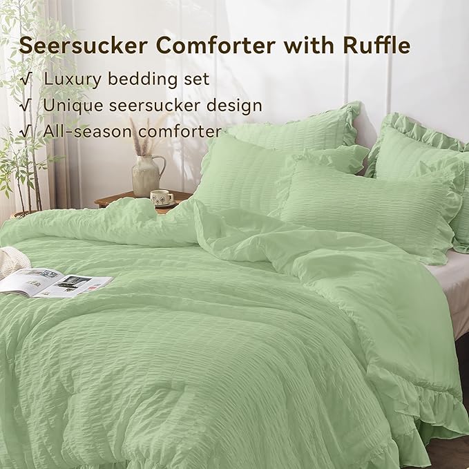 JOLLYVOGUE Sage Green Queen Comforter Set, 3 Pieces Seersucker Comforters Queen Size, Lightweight & Fluffy Bedding Sets Queen for All Season with 1 Ruffle Comforter and 2 Ruffle Pillowshams