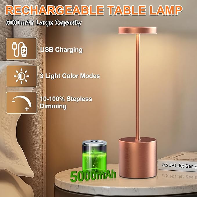 Rechargeable Table Lamp – 2 Pack Touch Lamps, Cordless Desk Lamp, 5000mAh Battery Operated Lamp with 3-Color Dimmable Light, Portable Lamp for Bedroom, Dining Room, Patio, Outdoor (Rose Gold)