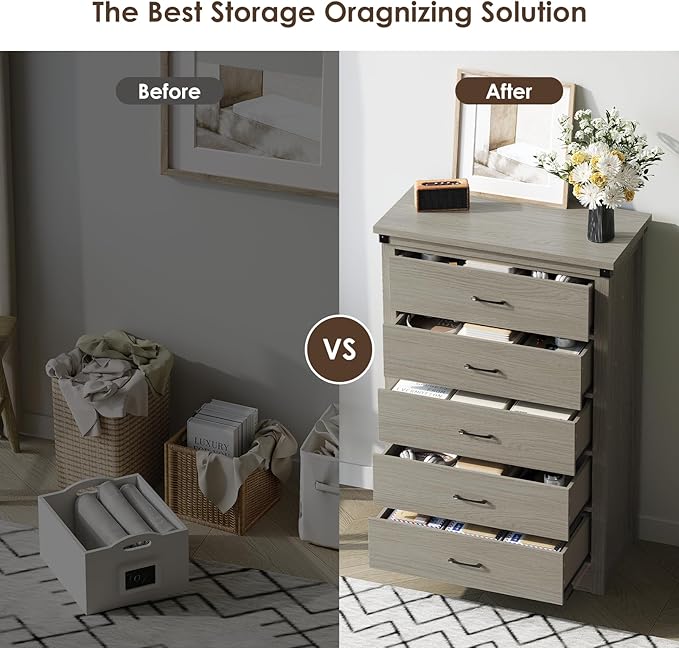 Farmhouse 5 Drawer Dresser for Bedroom, 47" Tall Chest of Drawers, Wood White Dresser with Deep Drawers, Storage Dressers Organizer for Bedroom, Living Room, Hallay, Grey