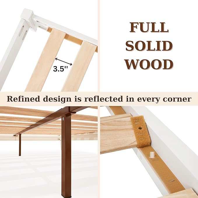 Bme Dinkee Signature Ivory White Queen Bed Frame Without Headboard - Modern & Minimalist Style with Acacia Wood - 12 Strong Wood Slat Support - Easy Assembly - No Box Spring Needed