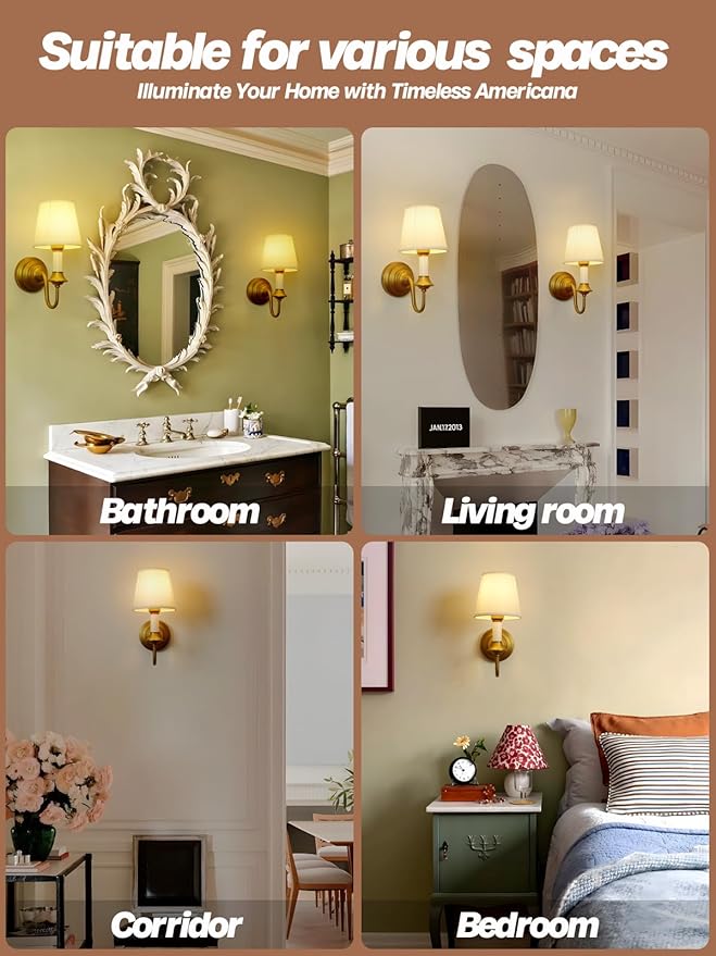 Vintage Fabric Wall Sconce Light with Curved Arm, Rustic Linen Cloth Wall Light Fixtures, Hardwired Brass Wall Mounted Lamp for Bathroom Vanity Bedroom Living Room