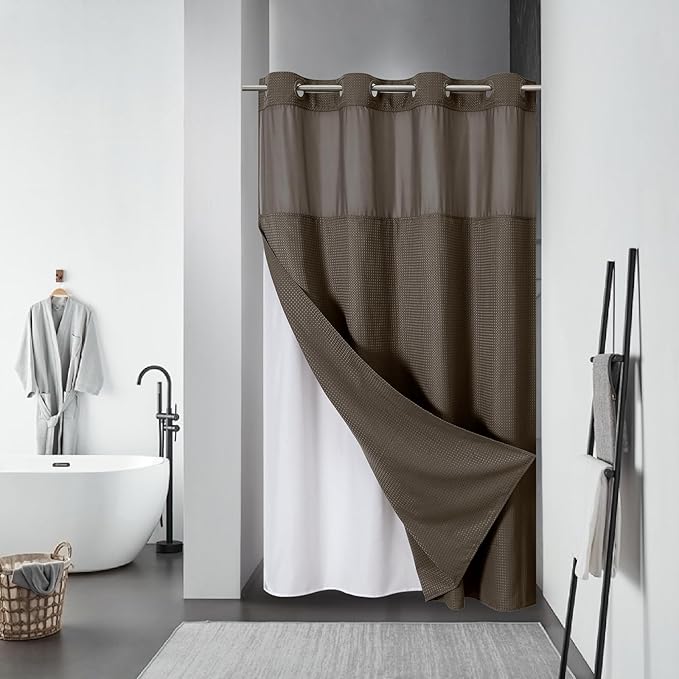 Brown No Hook Waffle Weave Shower Curtain with snap-in Liner Replacement, 230GSM Waterproof Fabric Hotel Shower Curtain Set for Bathroom, Through Mesh Top Window,54Wx80H
