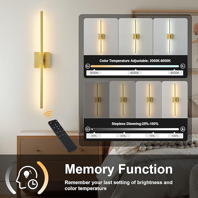 Wireless Battery Operated Wall Sconces Set of Two, Dimmable Modern Wall Sconce with Remote Control, 360°Rotation & Timer & Memory, Gold Led Rechargeable Wall Lights for Living Room, 28.3 Inch