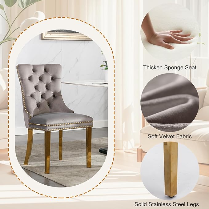 3-Piece Faux Marble Round Dining Table Set for 2, Modern Luxury Kitchen Table Set for 2 with Grey Tufted Chairs,Circle Dining Tables with Pandora Grain Top and Bronze Pedestal Base