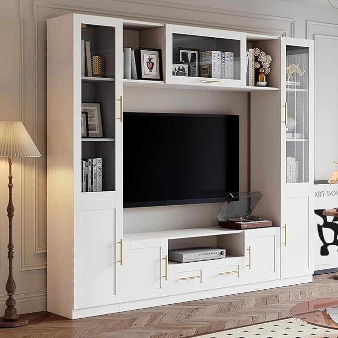Entertainment Wall Unit, 4-Piece Large TV Stand Wall Unit Entertainment Center with Bookshelves & Storage, Wall Media Center with Shelves for TVs Up to 70", Media Console for Living Room, White.