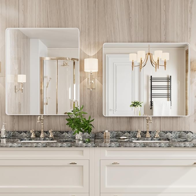 White Bathroom Mirror 30x36 Inch, White Metal Framed Bathroom Mirror for Wall, Rounded Rectangle Matte Bathroom Vanity Mirror, Tempered Glass, Anti-Rust, Horizontal/Vertical