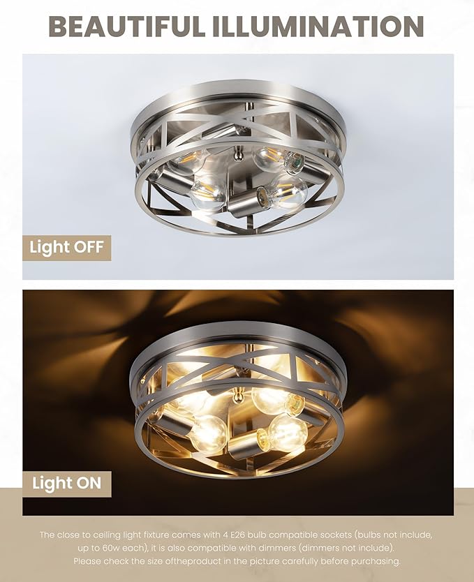 Brushed Nickel Flush Mount Ceiling Light Fixtures,4-Light Modern Hallway Light Fixtures Ceiling, Brushed Nickel Light Fixture Ceiling Mount for Farmhouse,Kitchen, Bedroom 2 Pack