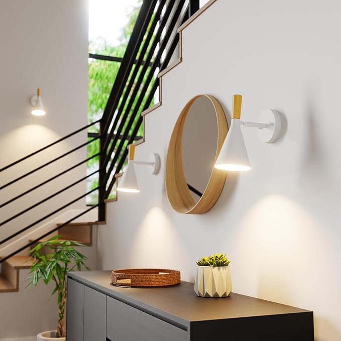 GLOBE Electric 65000147 1-Light Plug-in or Hardwire Wall Sconce, Matte White, Light Wood-Toned On/Off Rotary Switch on Pivoting Shade, 6ft White Braided Fabric Cord, Wall Lights for Living Room