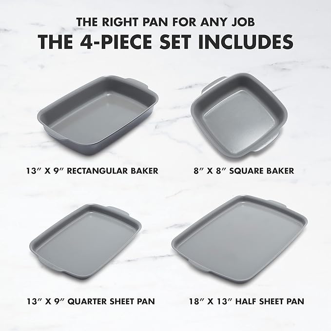 GreenPan Premiere Ovenware Healthy Ceramic Nonstick 4 Piece Bakeware Set, PFAS-Free, Rectangular, Square, Quarter, Half Sheet Baking Pans, Warp-Free, Oven Safe to 600F, Dishwasher Safe, Gray