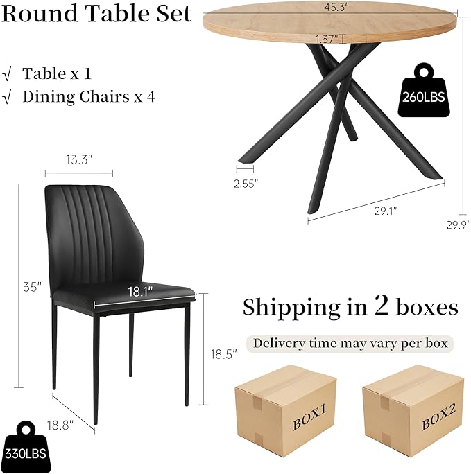 45.3 Inch Round Dining Table Set for 4, Mid Century Modern Small Kitchen Coffee Set for Dining Room Kitchen Apartment (Oak Table + 4 Black Chairs)
