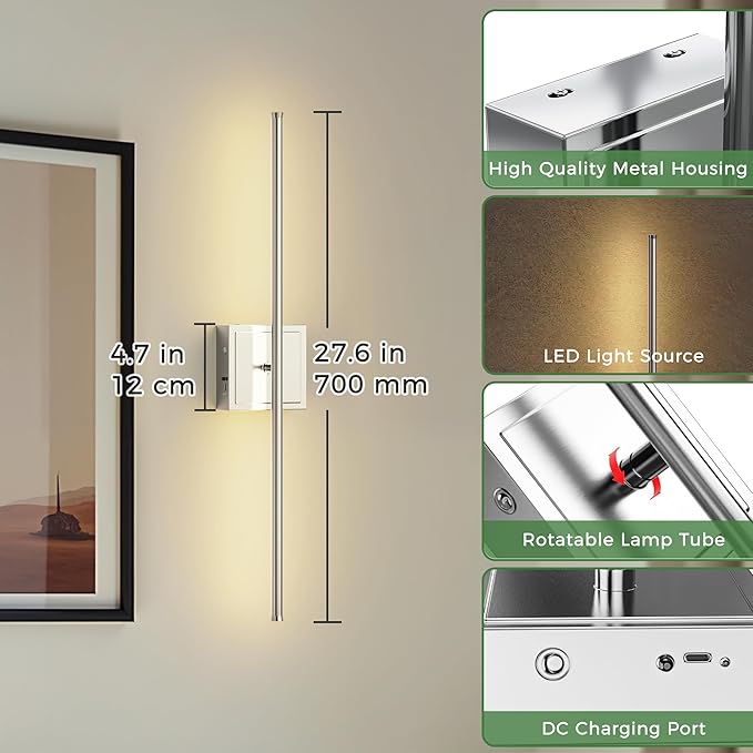 DORESshop Battery Operated Wall Sconces Set of Two with Remote Control, Rechargeable Wall Sconce, 350°Rotate Dimmable Wireless Wall Sconce for Living Room, Hallway, Bedroom, 28.1 Inch, Chrome(2 Pack)