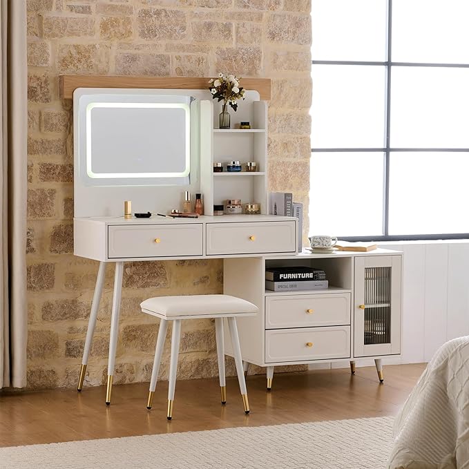 Modern Makeup Vanity Desk with Mirror and Lights,Retractable Dressing Table with Drawers and Cabinets,Makeup Table Set for Bedroom