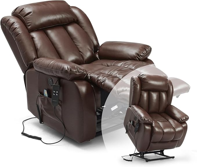 PARKOL Large Breathing Leather Infinite Position Power Lay Flat Lift Recliner Chairs for Elderly, Dual Motor with Massage and Heating,Extended Footrest,USB & Type-C Port and Remote Brown