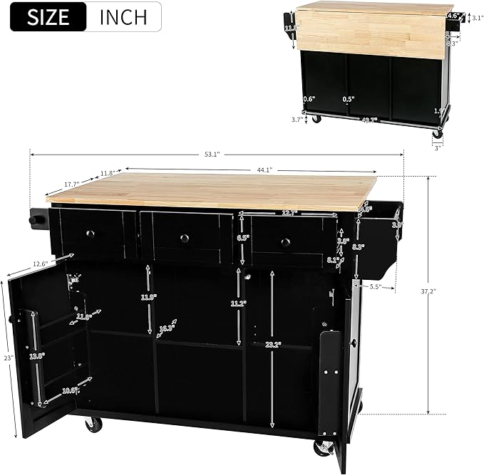 Kitchen Island Cart with Drop-Leaf Cabinet Door Internal Storage Rack 5 Wheels 3 Drawers for Kitchen, Dining Room, Bathroom 53.1" W*29.5" D*37.2" H Black
