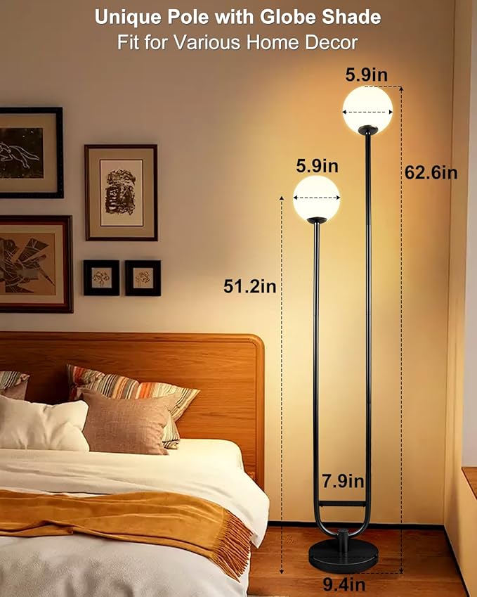 Lightdot 63IN Globe Floor Lamp with Black Candle Holder Style Modern Mid Century Standing Lamps with 2 Globe 3000K Warm Bulbs Included Unique Vintage Tall Floor Lamp for Lving Room