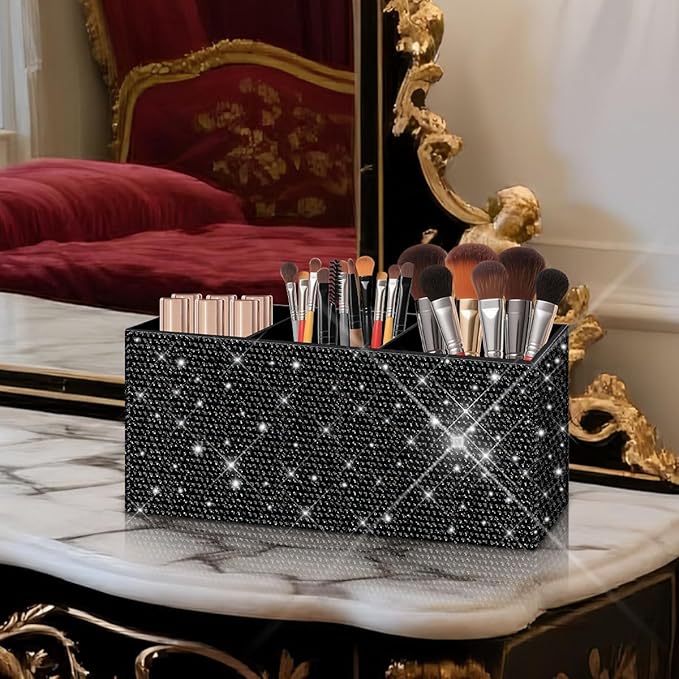 Bling Makeup Brush Holder Organizer, 3 Slot Sparkle Cosmetics Brushes Storage Holders with Shiny Rhinestones, Glitter Cute Pen and Pencil Holder for Desk, Eyeliners Display Case for Vanity (black)