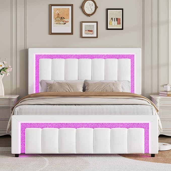 HOMBCK Bed Frame Queen Size with LED Lights and Velvet Upholstered Headboard, Queen Bed Frame with Modern Diamond Headboard Adjustable, Wooden Slats Support, Noise Free, No Box Spring Needed, White