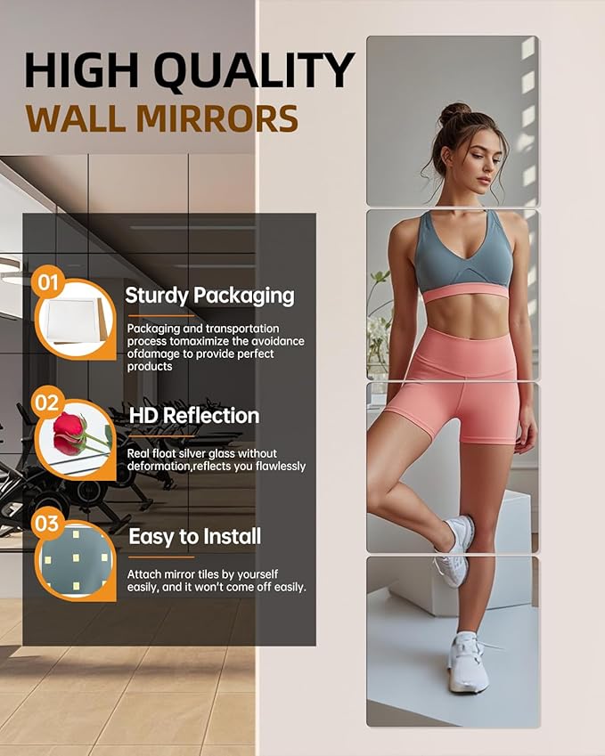 Glass Wall Mirror Tiles 12" x 12" Frameless Full Length Mirror Wall Mounted Full Body Mirrors for Bedroom Home Gym Door Bathroom (4PCS)