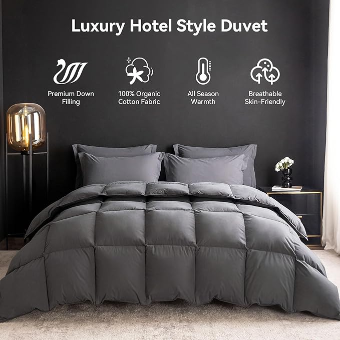Goose Feather Down Comforter King Size,100% Organic Cotton Duvet Insert,All-Season Luxury Duvet Insert with Baffle Box Design, 750+Fill Power Hotel Collection Bedding Comforter